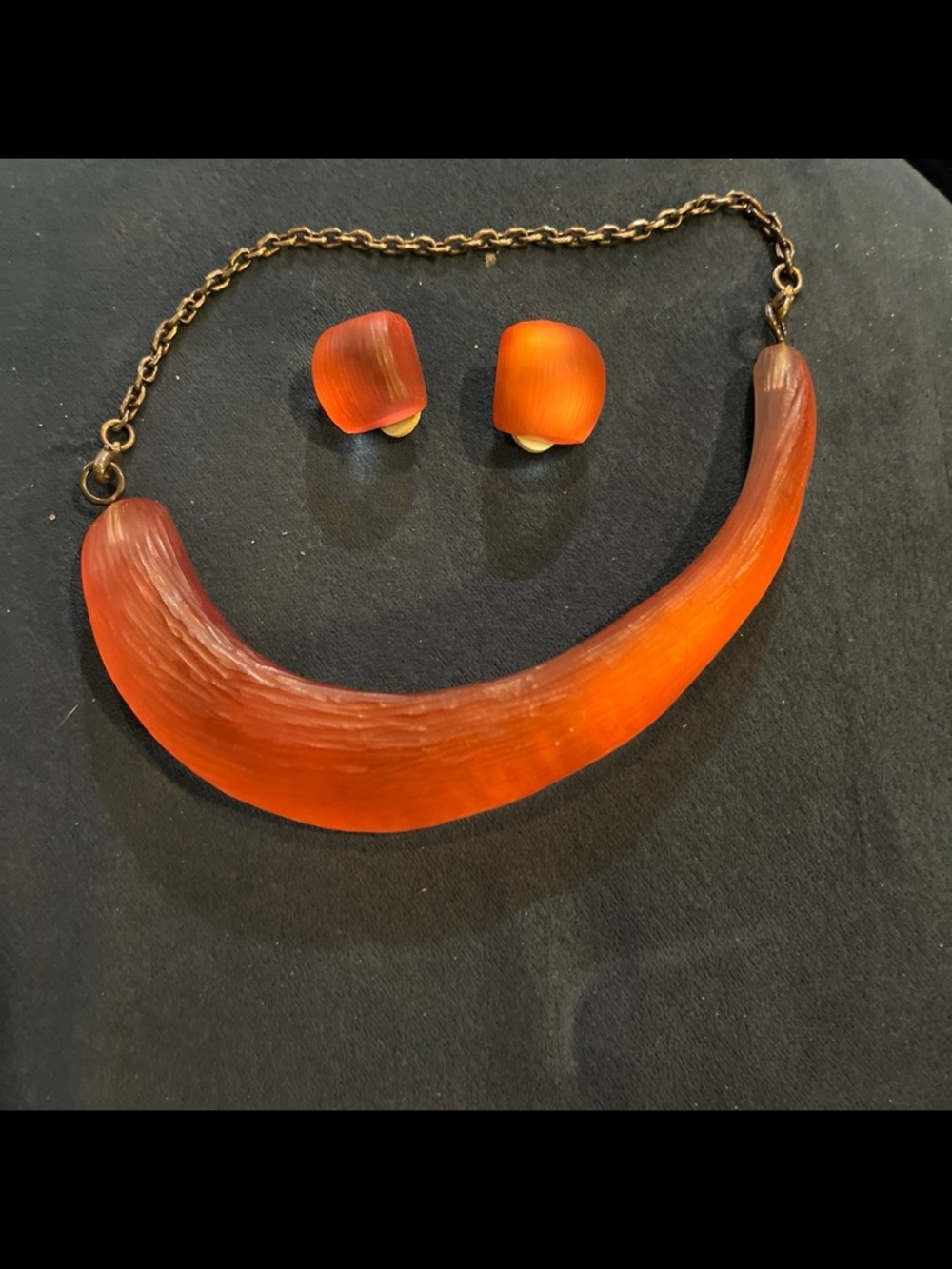 Alexis Bittar Orange Lucite Crescent Necklace with Clip-On Earrings Set